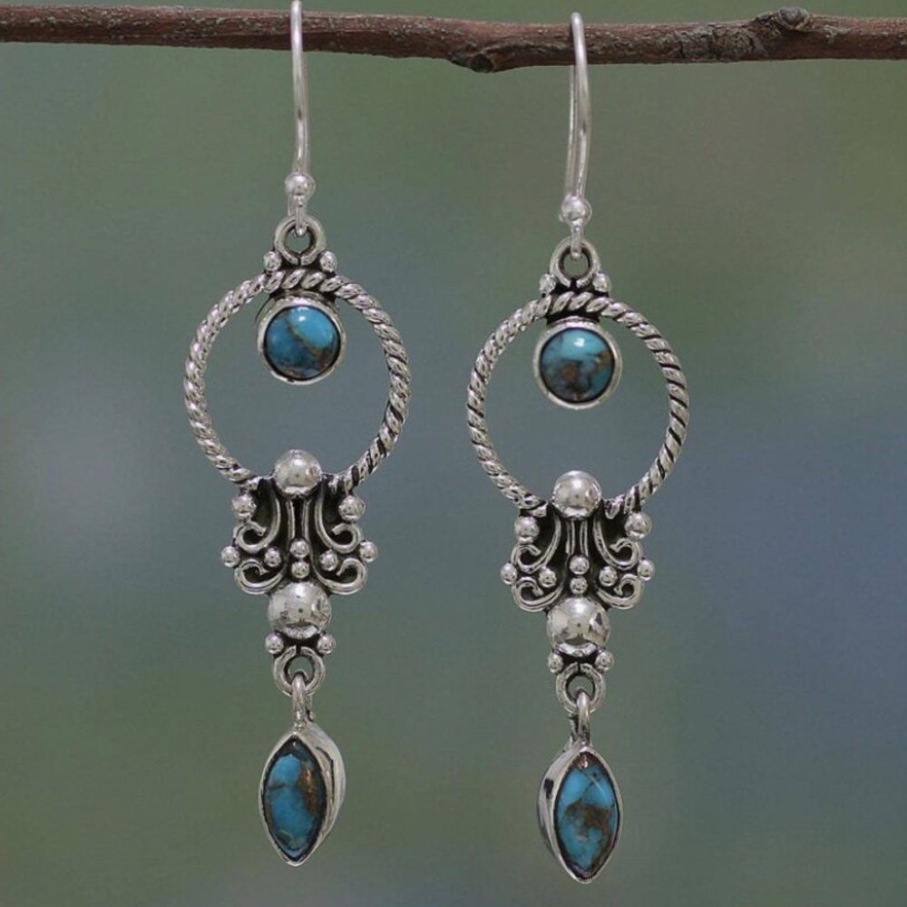 Any 4/$25! Antiqued Silver Turquoise Boho Drop Earrings - Picture 3 of 6